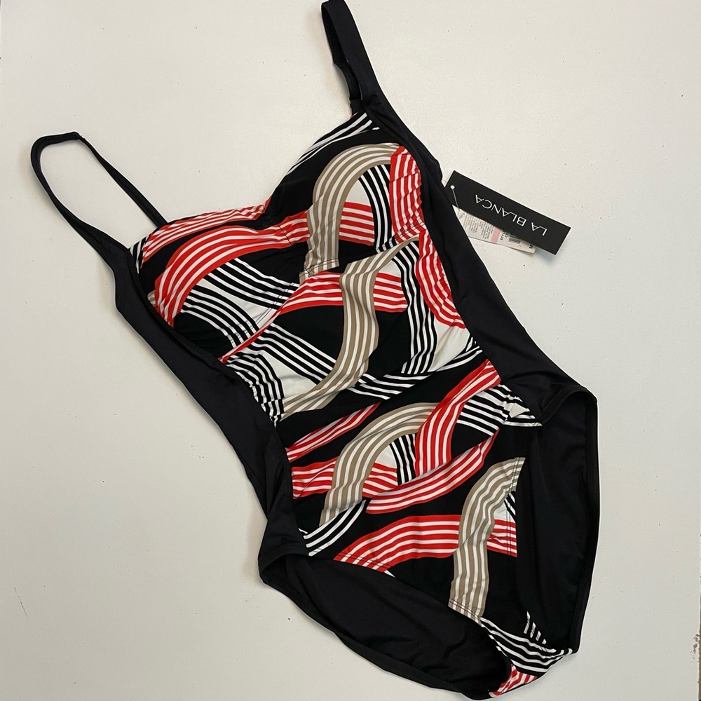La Blanca Swimsuit One Piece Bustier Style Padded Ruching Geometric Black Red